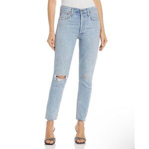 Agolde Distressed knees ankle high rise slim legs jeans, blue, Size 25 M50
